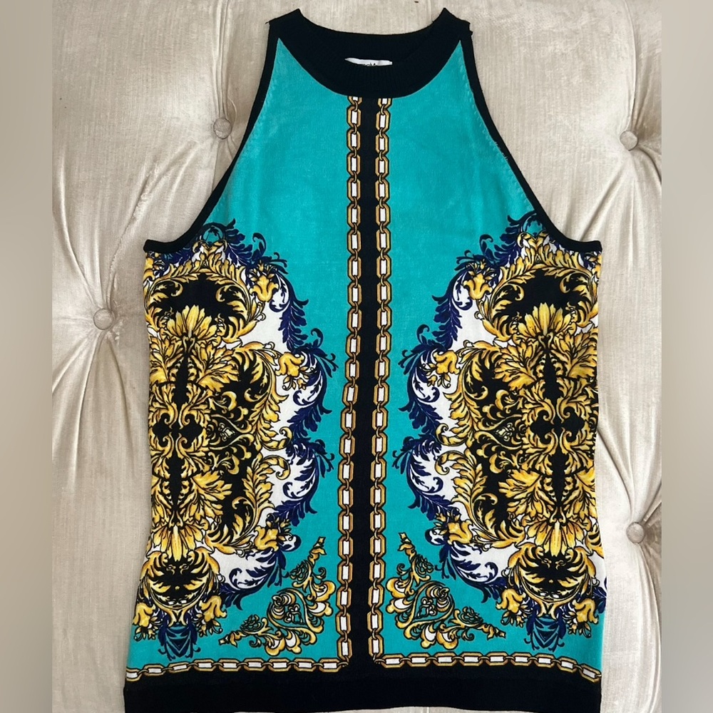 Cache Turquoise & Baroque Print Knit Tank — Size M
